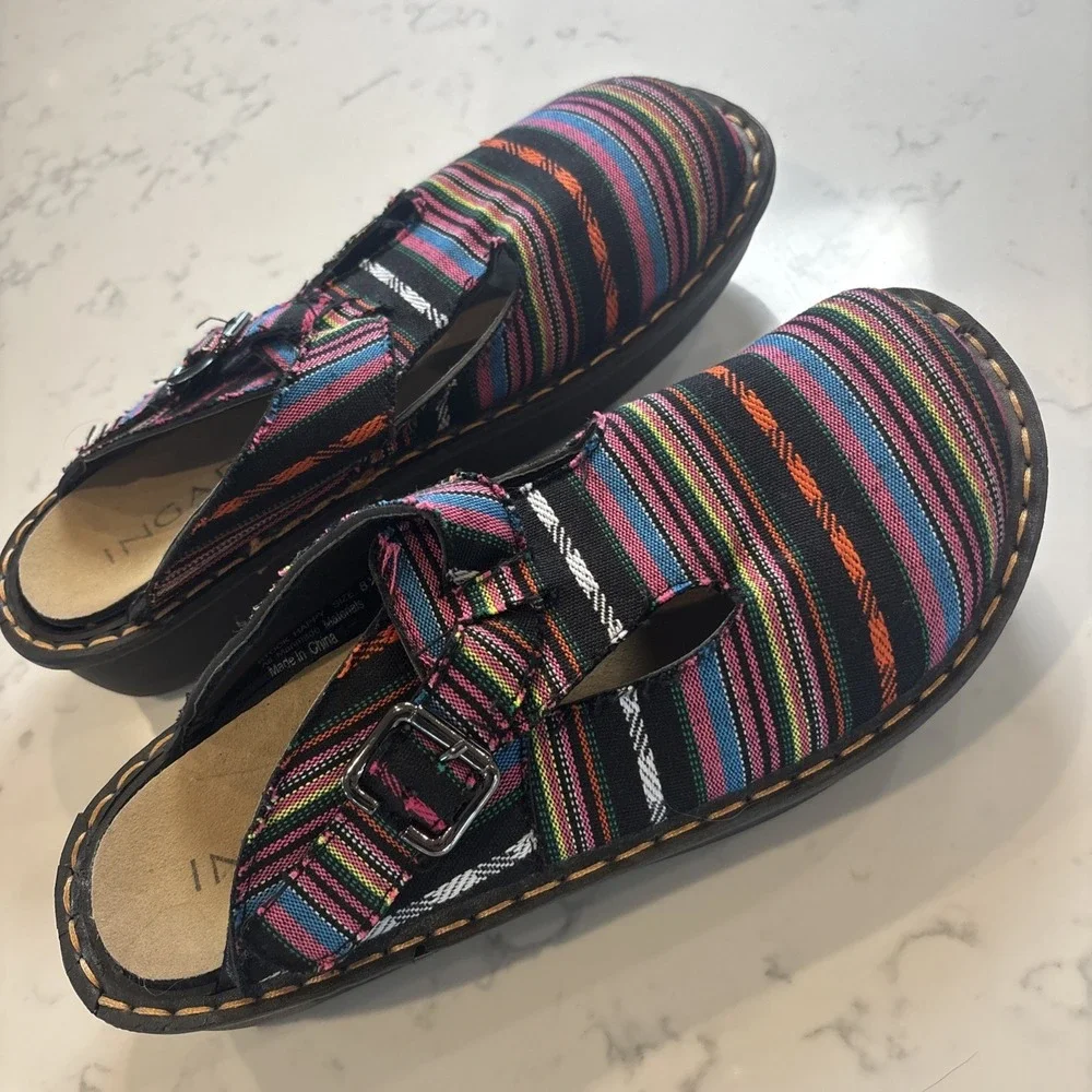 INGARO Happy SlipOn Clogs BuckleFabric Stripe Hippie Boho Comfort Women SZ 8.5 - Picture 4 of 10